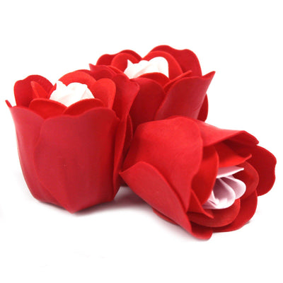 Set of 3 Soap Flower Heart Box - Red Roses.  Take a look at our wonderful range of Luxury Soap Flowers. They are a perfect addition for a relaxing romantic bath, or you can even use individual petals as guest soaps.   Beautifully packed these Soap Flowers are a perfect gift, wedding favours, Christmas stocking filler or just a little treat for yourself.   Just add a one or two roses to your warm bath, relax and watch the cute flowers dissolve right before your very eyes. 