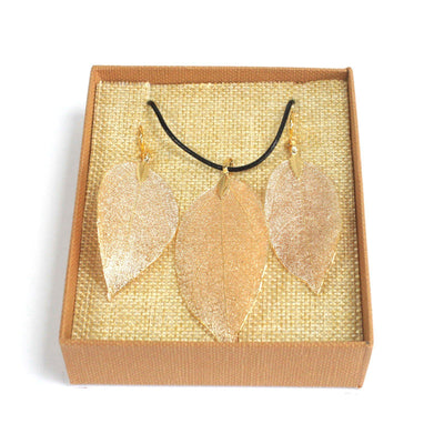 Bravery Necklace & Earring Natural Gold Leaf Set.
