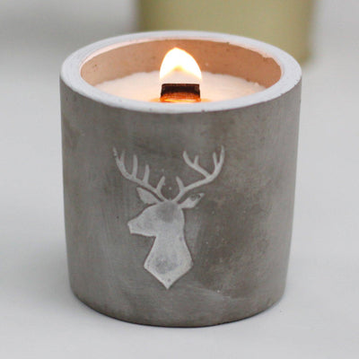 Christmas Stag Head Whiskey & Woodsmoke Fragranced Concrete Pot Wooden Wick Candle.