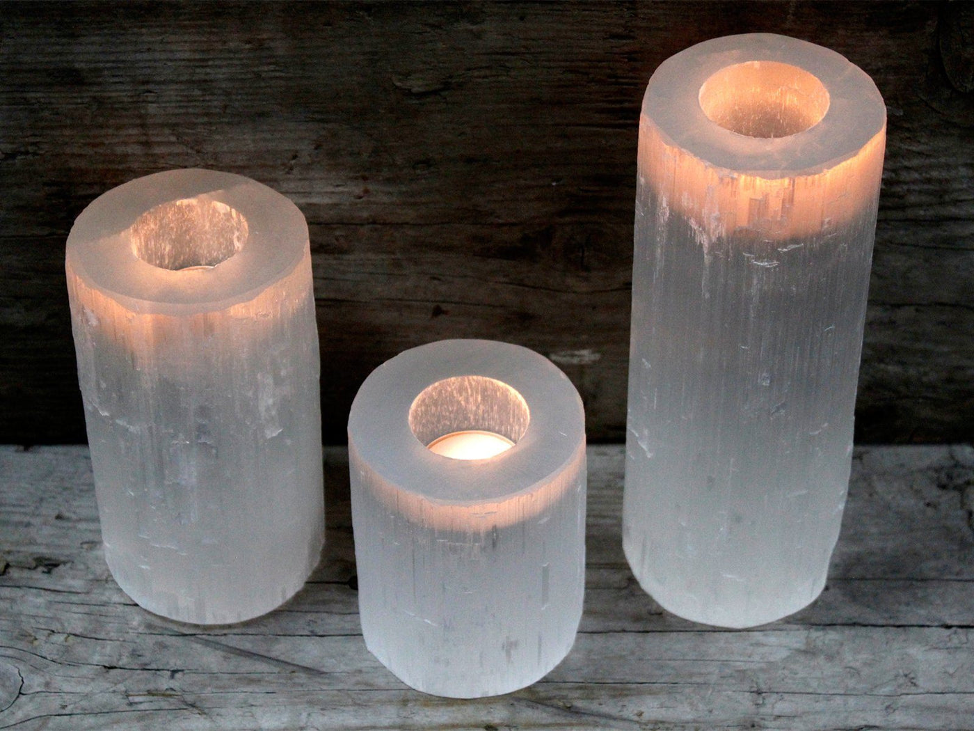 Set Of Selenite Natural Stone Cylinder Garden Home Candle Tealight Holders 8,10,15,20cm