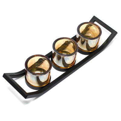 Centrepiece Ledge Style Three Gold Amber Glass And Iron Votive Tealight Candle Holder.