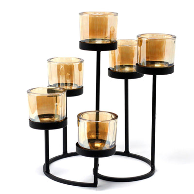 Centrepiece Circular Tree Gold Amber Glass And Iron Votive Candle Holder.