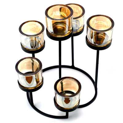 Centrepiece Circular Tree Gold Amber Glass And Iron Votive Candle Holder.