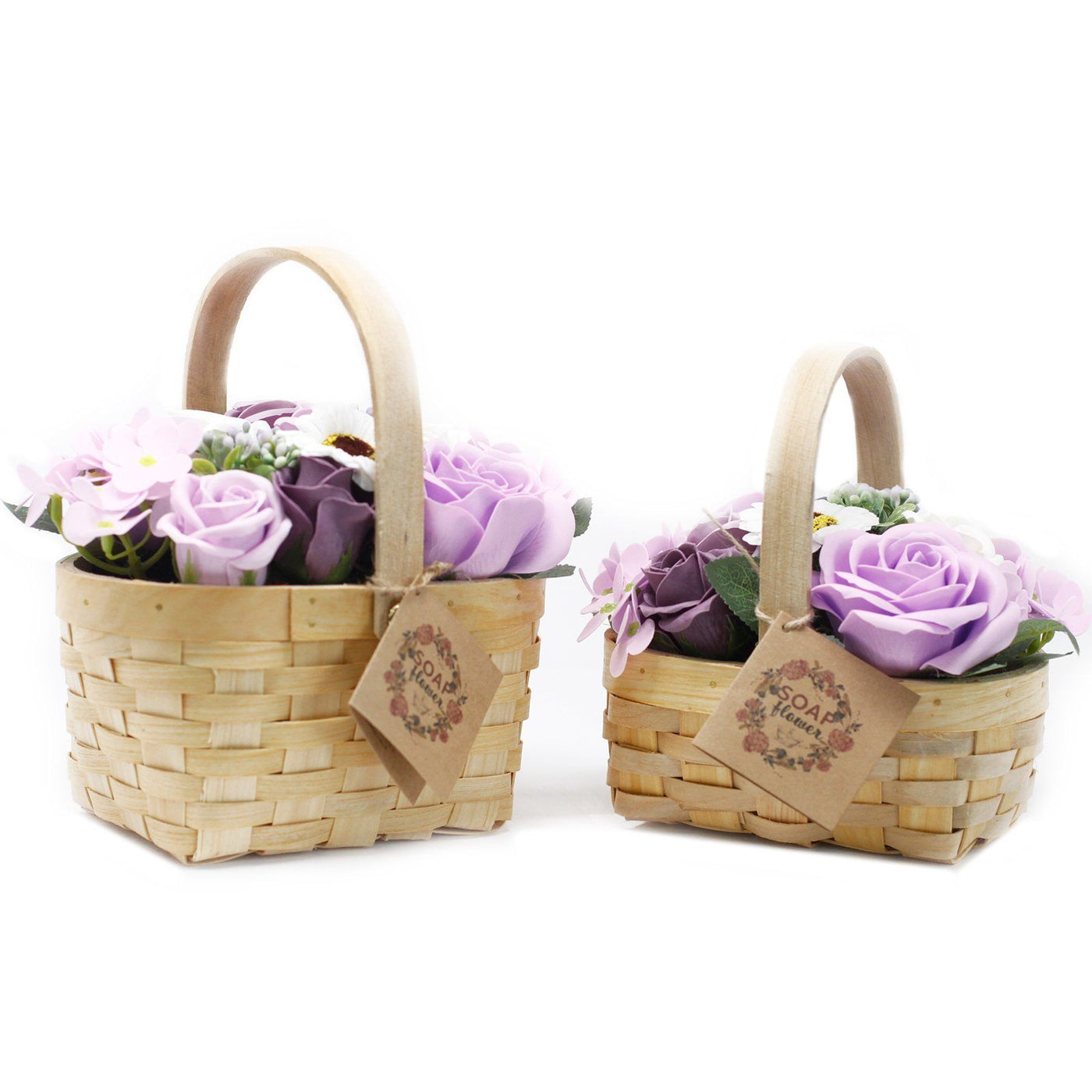 Medium Pink Fragranced Body Soap Flowers Bouquet In Wicker Gift Basket.