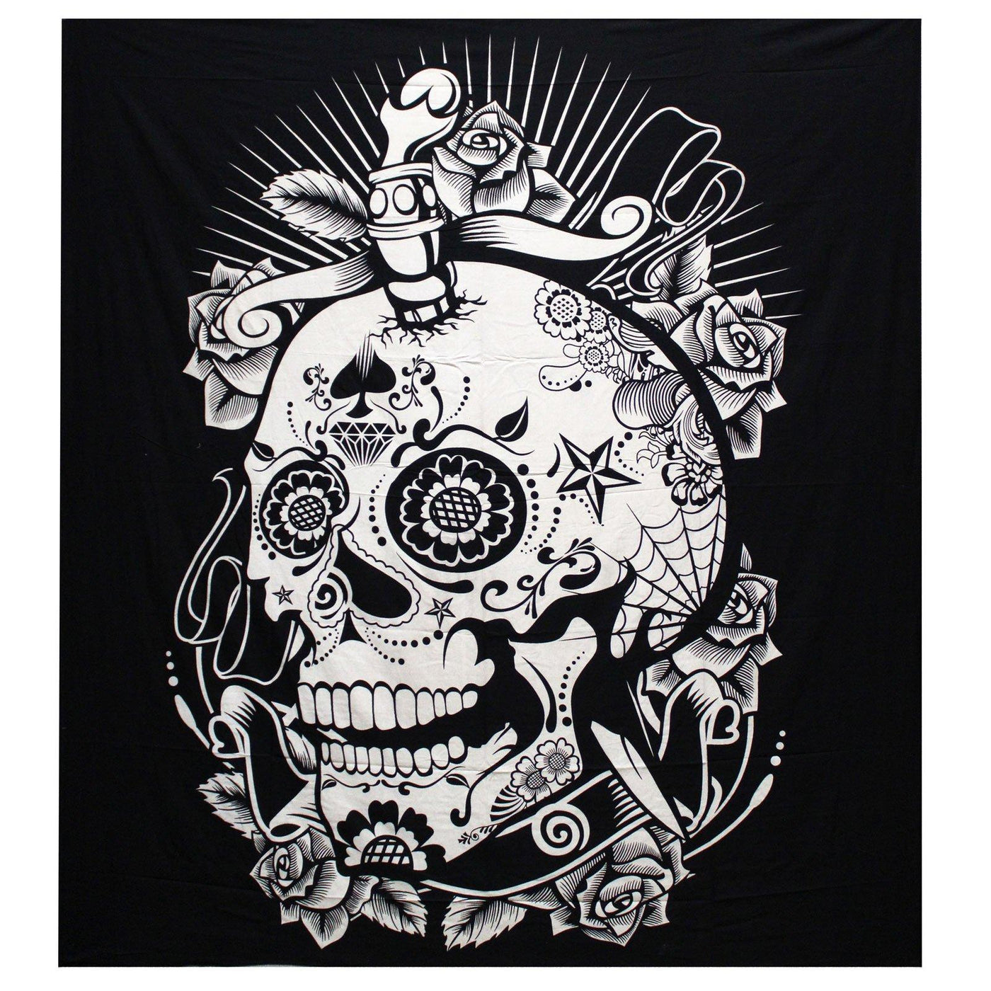 Black & White Double Cotton Bedspread Wall Hanging - Rose Skull