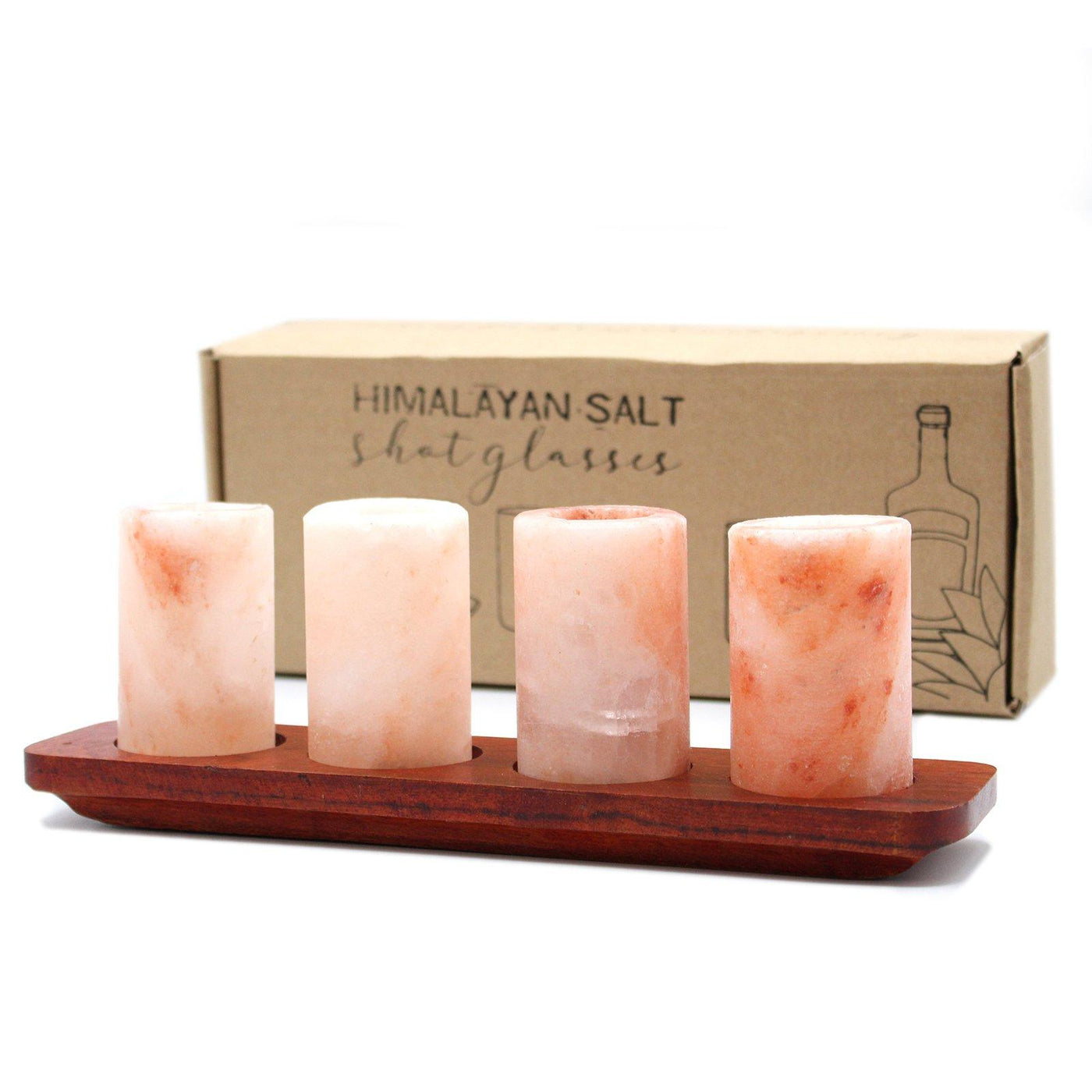 Set of 4 Himalayan Salt Shot Glasses With Wooden Serving Tray.