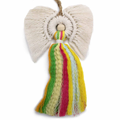 Hanging Woven Cotton Colourful Rainbow Macramé Angel in Gift Box.