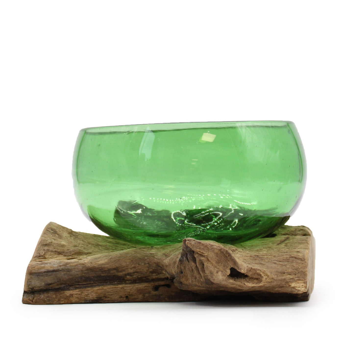 Molten Green Recycled Glass Fruit Bowl On Wooden Base. 
