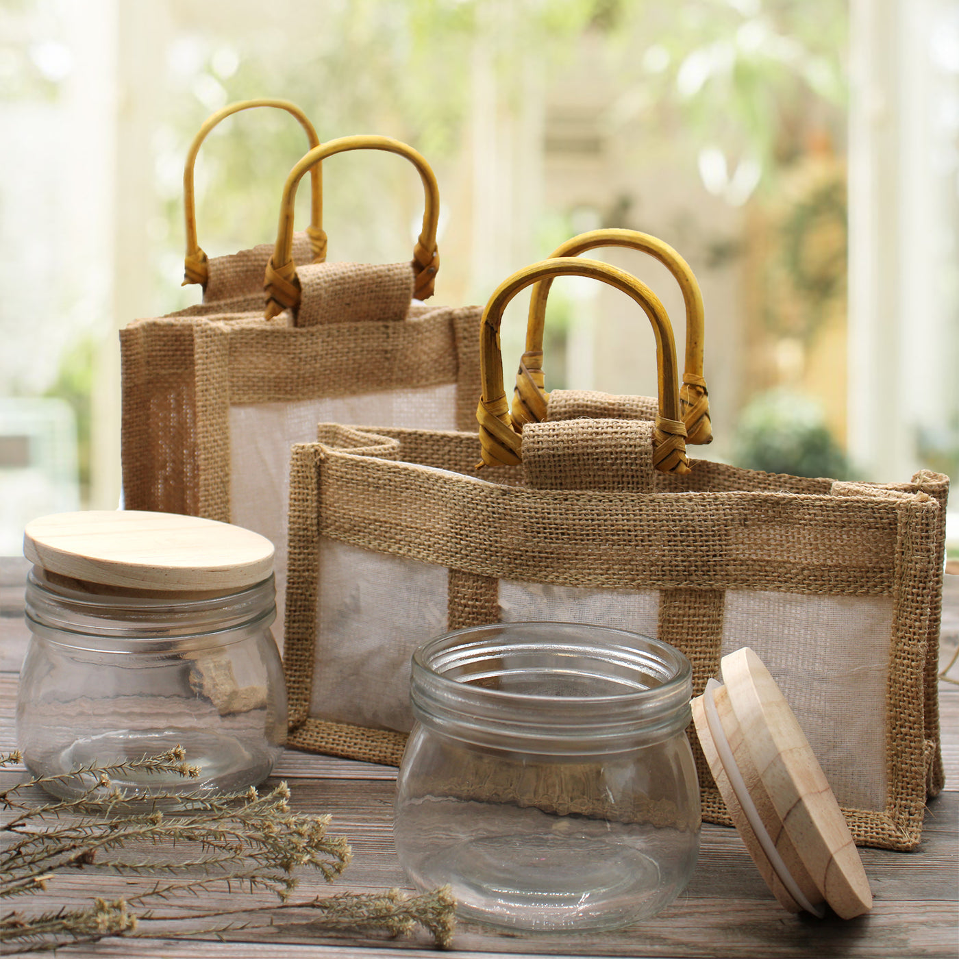 Natural Jute Triple Gift Bag With Clear Window And Handle.