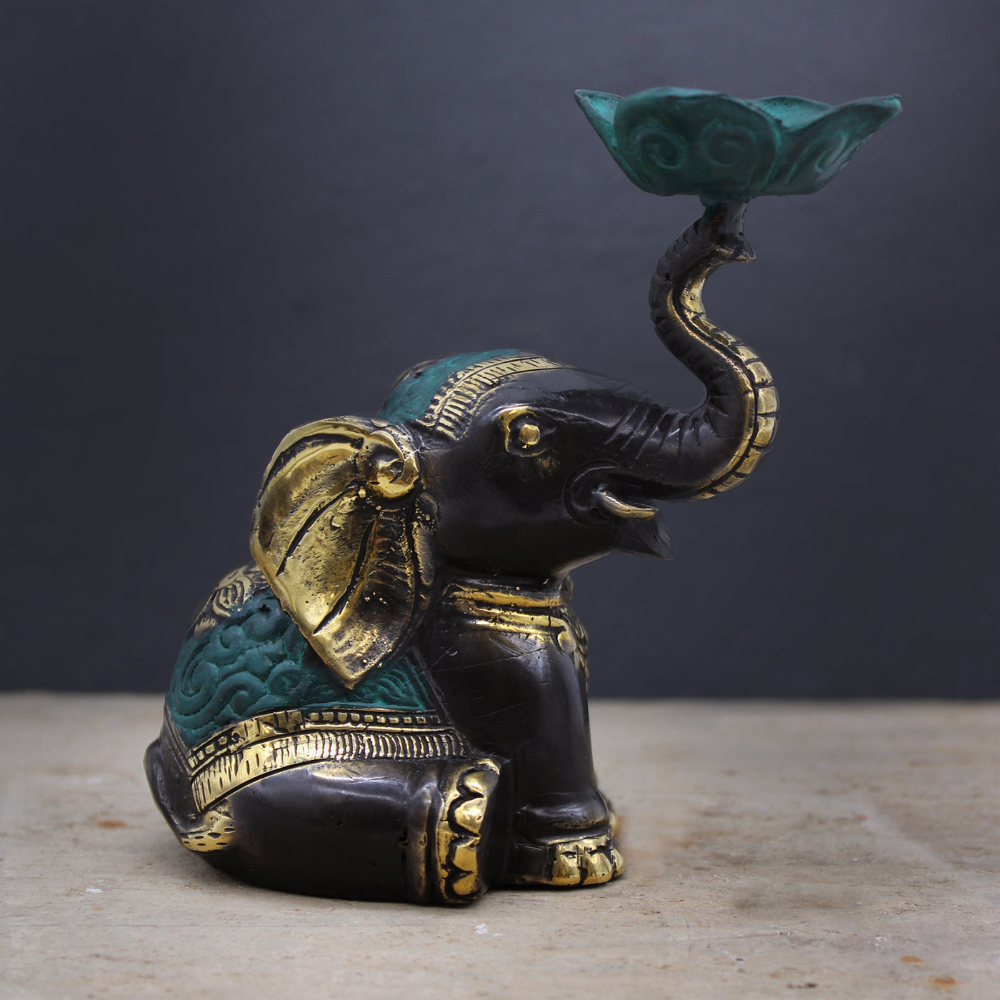 Medium Brass Gold Green Elephant Candle Incense Holder.