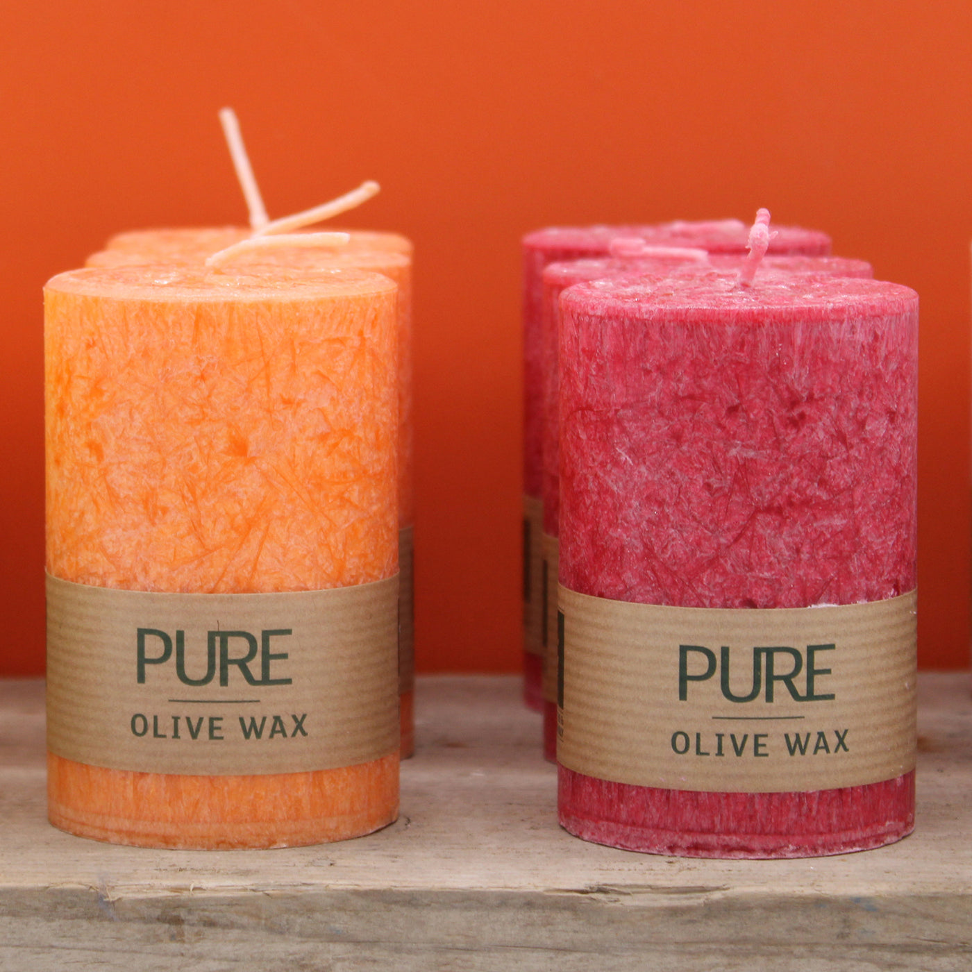 Pure Olive Unfragranced Handmade Antique Red Wax Pillar Candle.