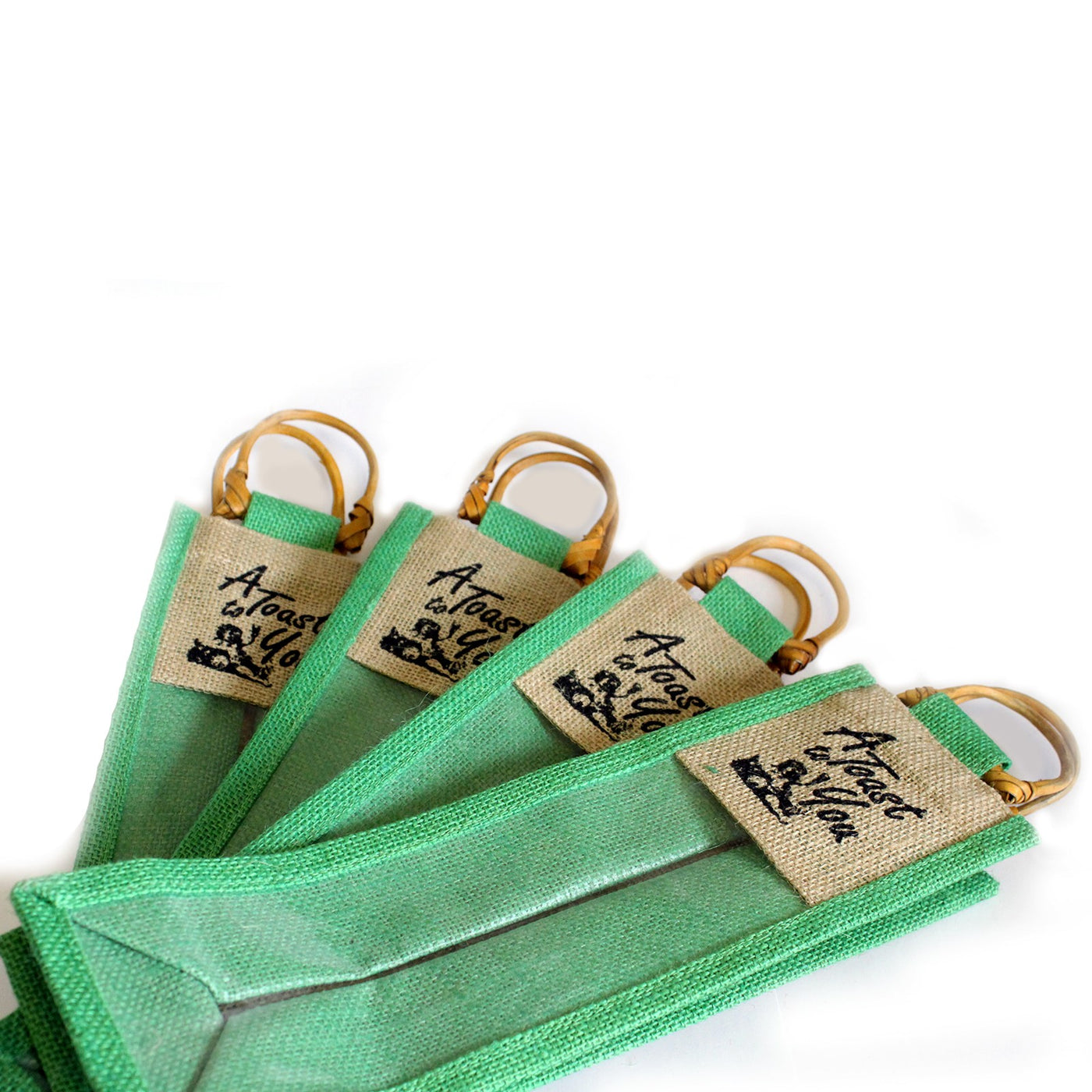 Natural Green Jute 'A Toast For You' Printed Wine Gift Bags With Clear Window And Cane Handle.