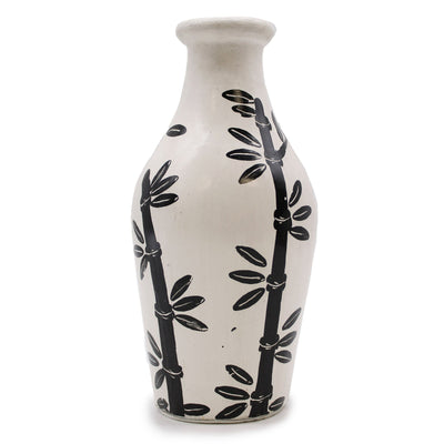 Natural Cream And Black Ceramic Bamboo Motif Shaped Vase.