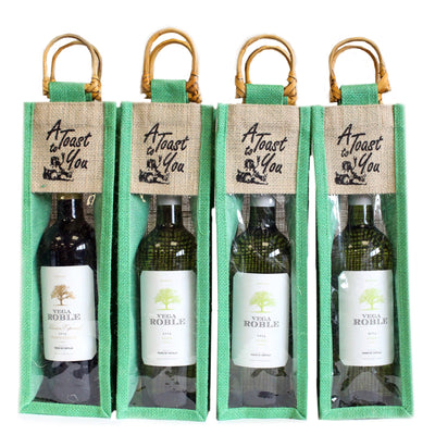 Natural Green Jute 'A Toast For You' Printed Wine Gift Bags With Clear Window And Cane Handle.
