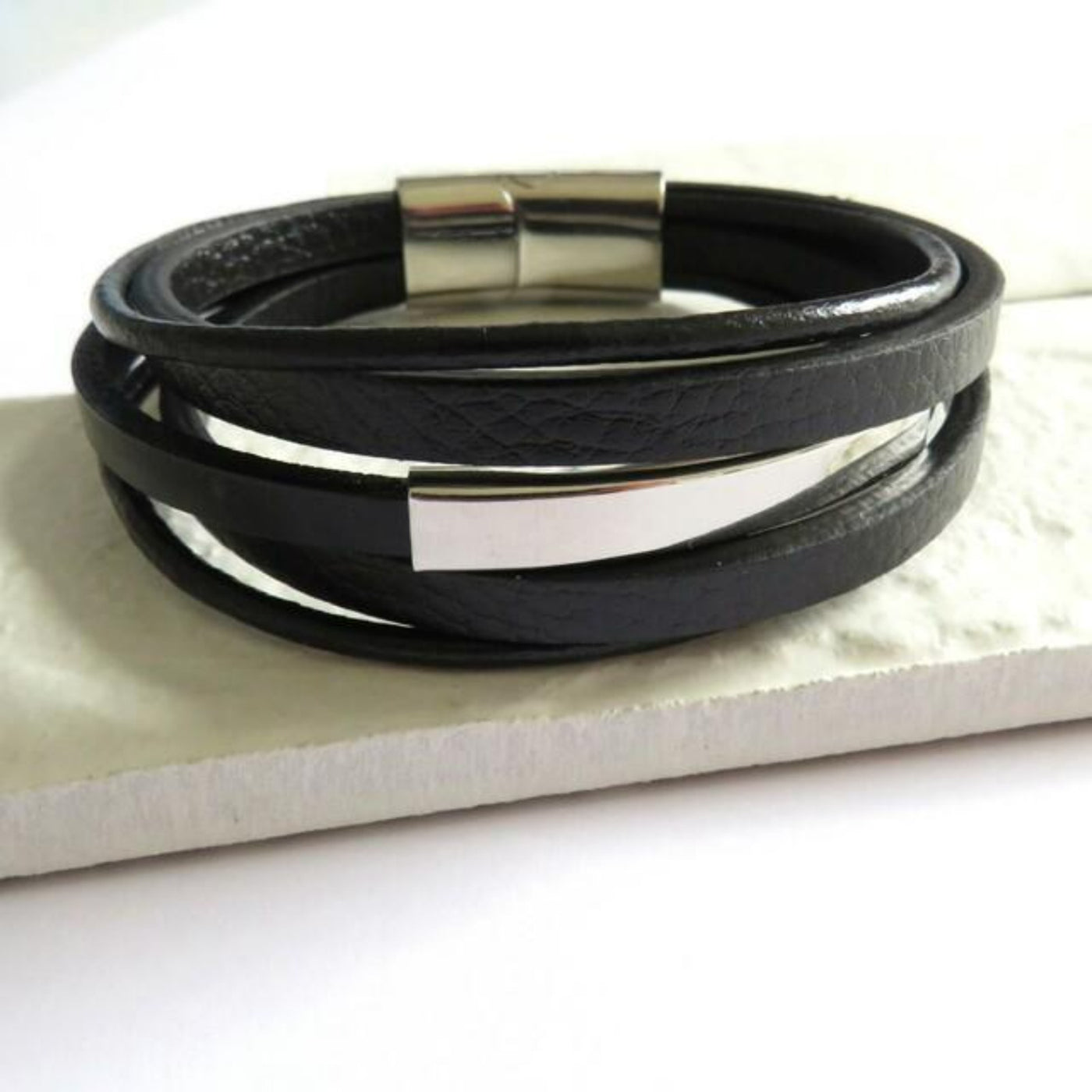 Men's Black Multi Strap Modern Leather Bar Bracelet.