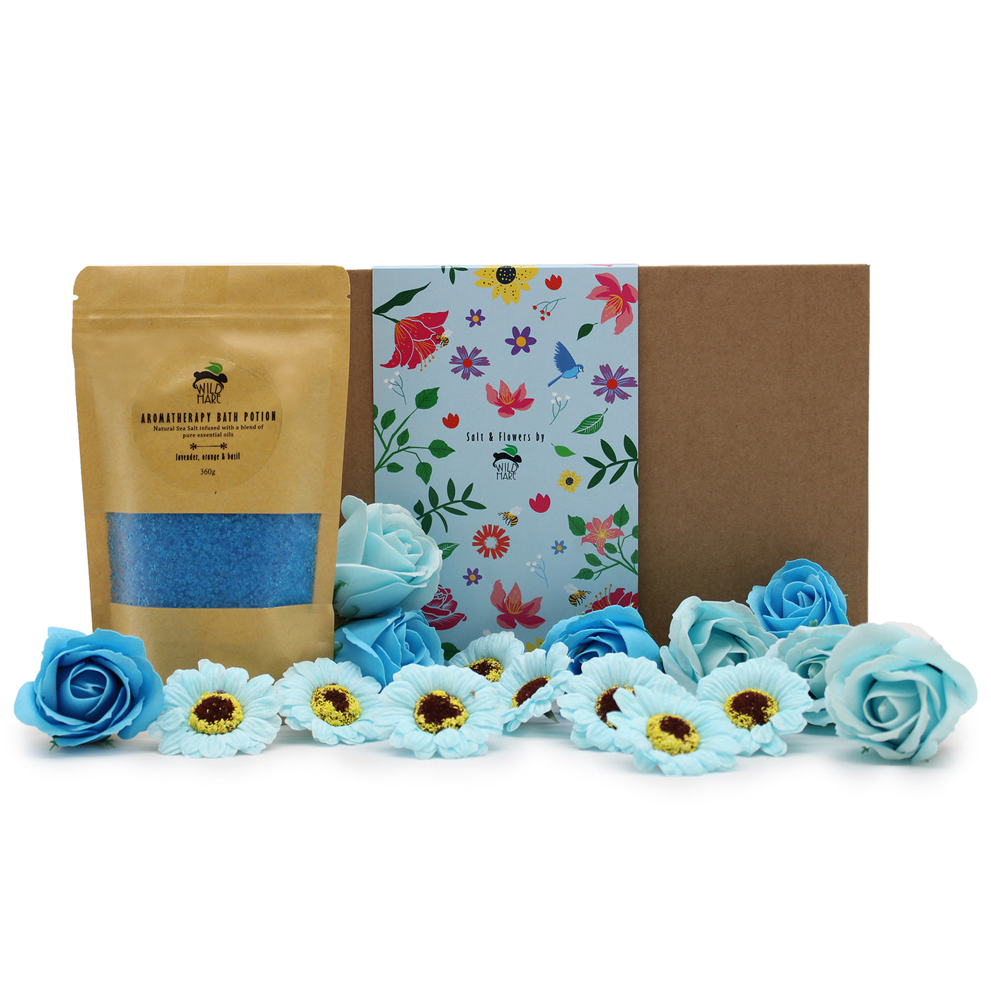 Wild Hare Salt & Flowers Bath Gift Set With Blue Roses And Sunflowers.
