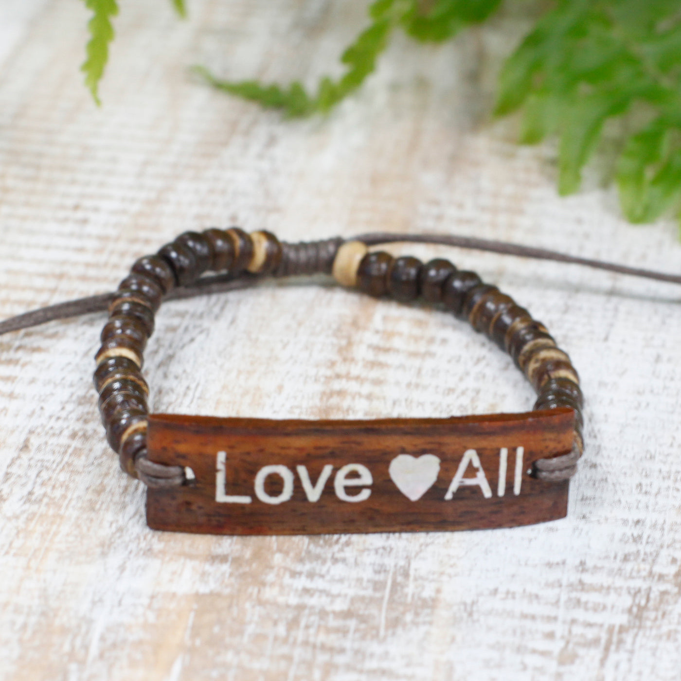 Set Of 6 Multicolour Unisex Coconut Wood Slogan Beaded Bracelets Love All