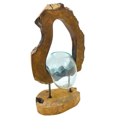 Natural Ecological Wooden Glass Decorative Vase On Wooden Stand.