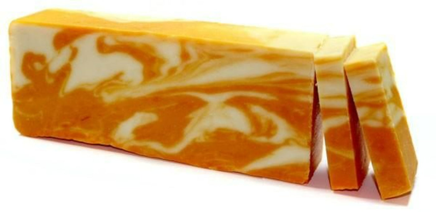 Orange Paraben Free Olive Oil Body Soap Loaf And Slices.