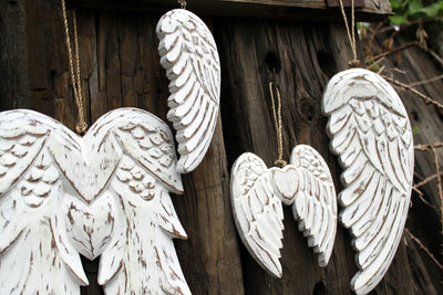 Vintage Style Distressed Wooden White Angel Wings.