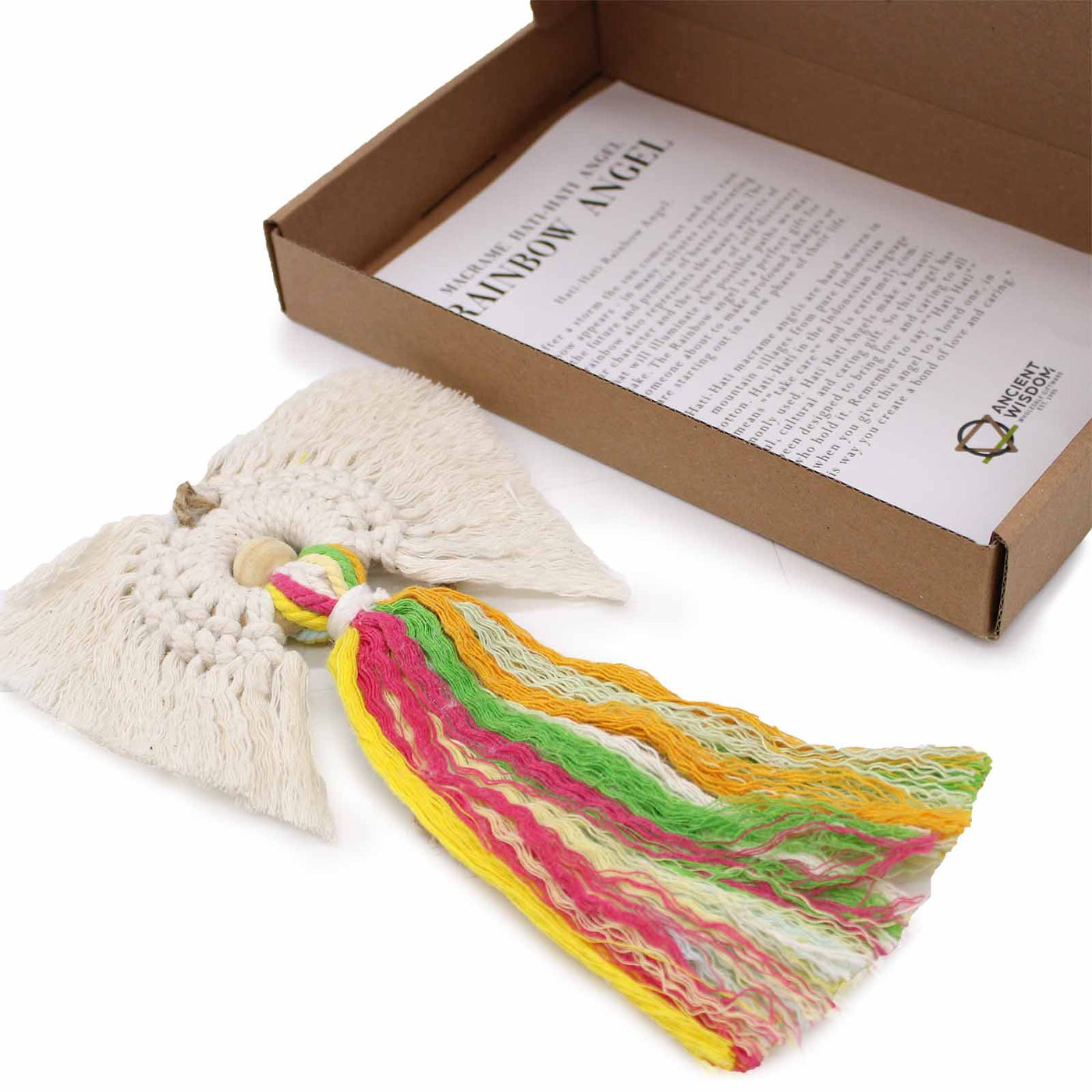 Hanging Woven Cotton Colourful Rainbow Macramé Angel in Gift Box.