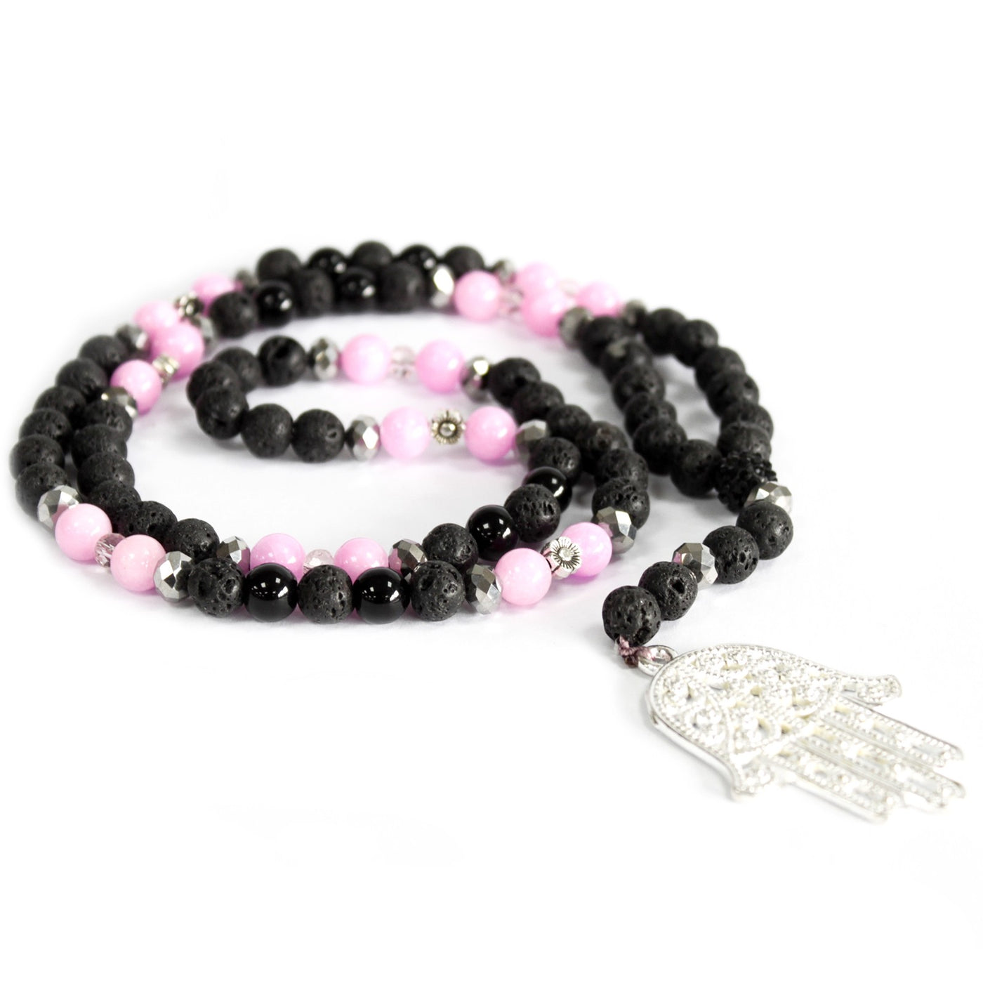 Mystic Lava Rock Pink Beads Hamsa And Flowers Women's Necklace.