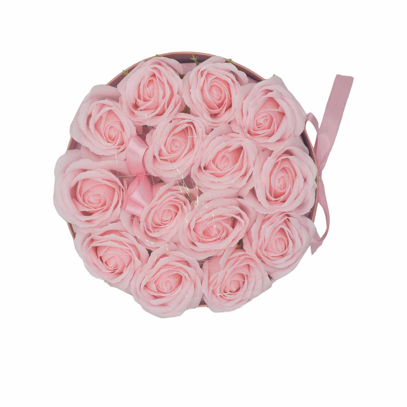 Body Soap Fragranced Flowers Gift Rose Bouquet - 14 Pink Roses In Round Gift Box.