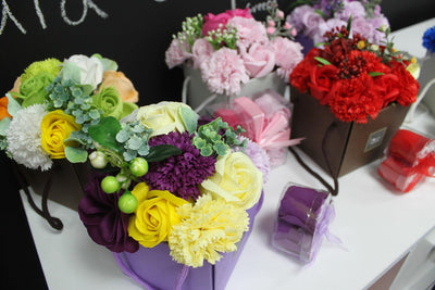 Body Soap Flowers Bouquet In Gift Box - Purple Yellow Flower Garden