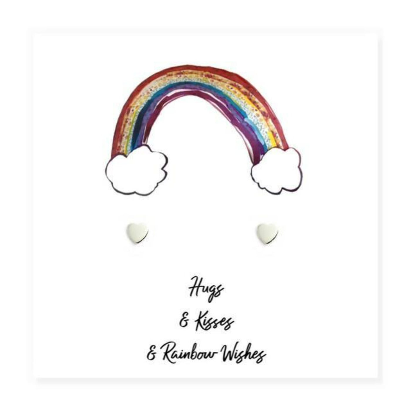 Mini Heart Silver Earrings On Hugs & Kisses Rainbow Message Card.