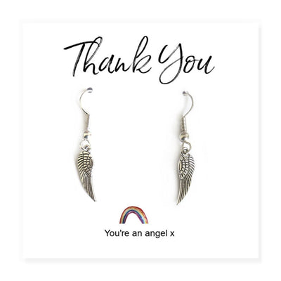 Angel Wing LGBT Transgender Silver Plated Earrings On Rainbow 'Thank You' Message Card.