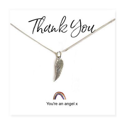 Angel Wing LGBT Transgender Silver Plated Necklace On Rainbow 'Thank You' Message Card.