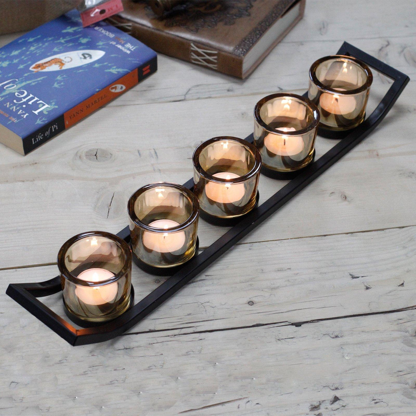 Centrepiece Ledge Style 5 Gold Amber Glass And Iron Votive Candle Holder.