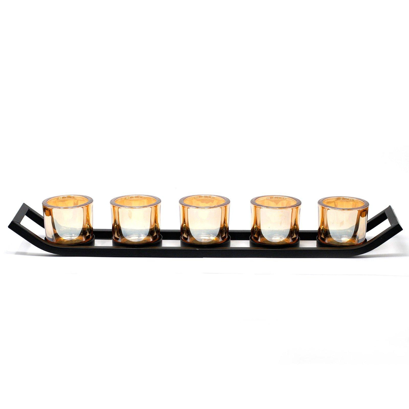 Centrepiece Ledge Style 5 Gold Amber Glass And Iron Votive Candle Holder.
