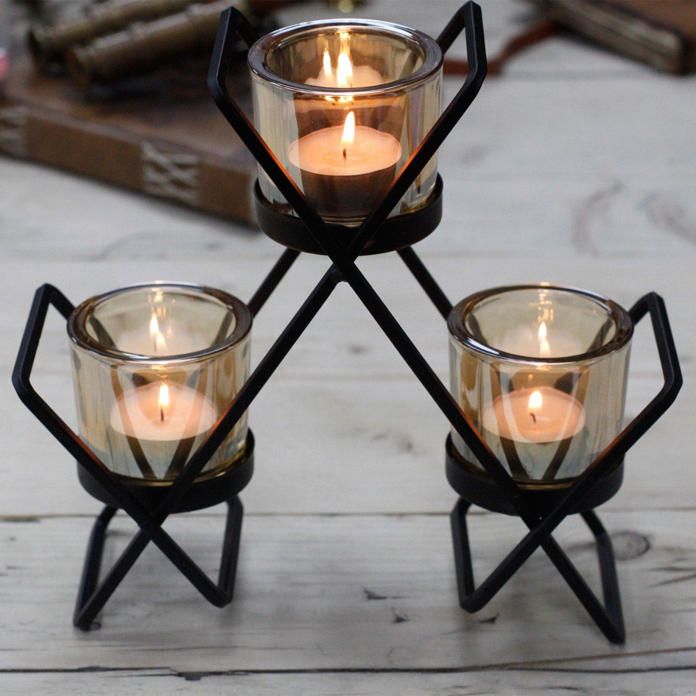 Centrepiece Triangle 3 Candles Gold Amber Glass And Iron Votive Tea Light Candle Holder.