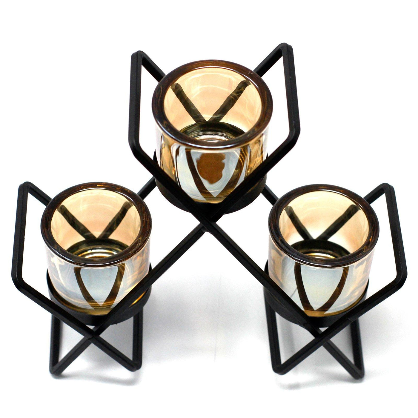 Centrepiece Triangle 3 Candles Gold Amber Glass And Iron Votive Tea Light Candle Holder.