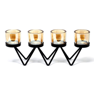 Centrepiece Zig Zag 4 Gold Amber Glass And Iron Votive Candle Holder.