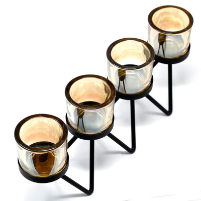 Centrepiece Zig Zag 4 Gold Amber Glass And Iron Votive Candle Holder.
