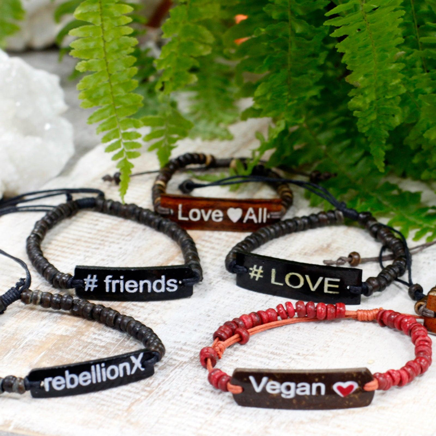 Set Of 6 Multicolour Unisex Coconut Wood Slogan Beaded Bracelets  Rebellion-X, Love, Love All, Friends