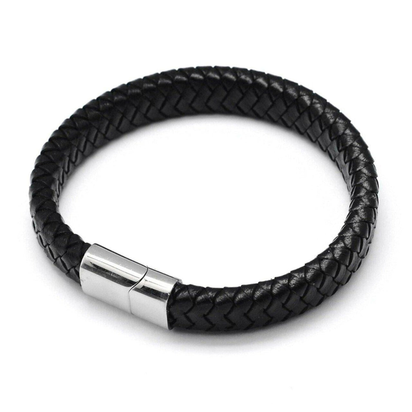 Luxury Men's Black Plated Leather Bracelet With Stainless Fastenings Steel Fastening