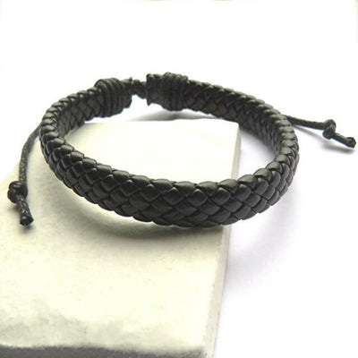 Men's Black Leather Weave Plaited Bracelet.