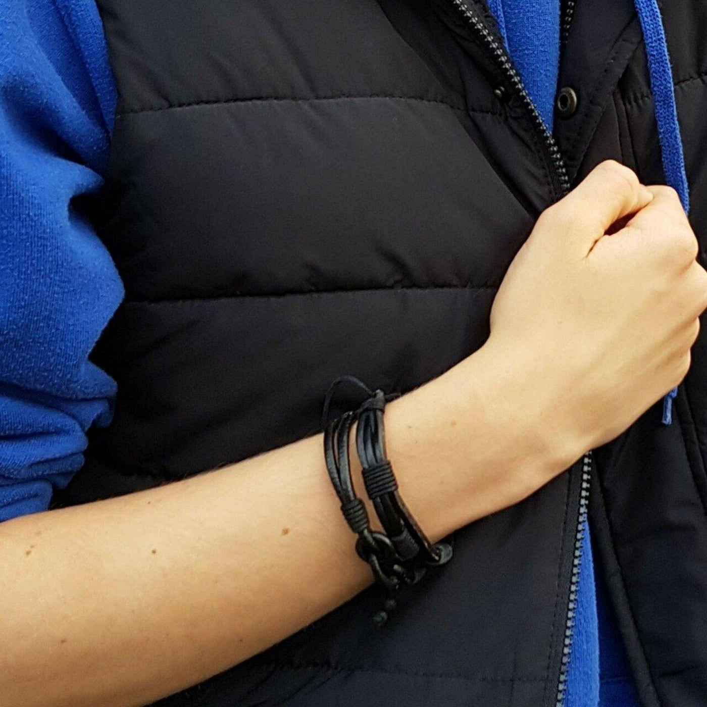 Men's Black Multi Strand Adjustable Leather Cord Bracelet.