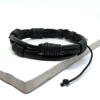 Men's Black Multi Strand Adjustable Leather Cord Bracelet.