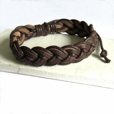 Men's Brown Pleated Leather Bracelet In Gift Box