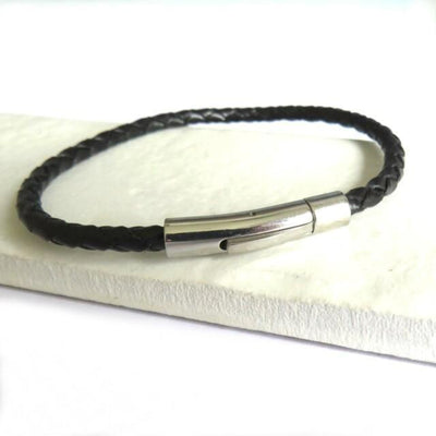 Men's Thin Woven Black Leather Bracelet In Gift Box.