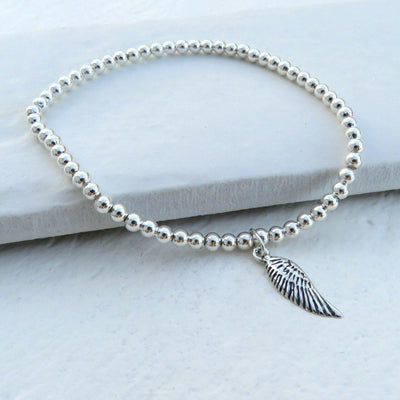 Silver Beaded Women's, Teens Mini Charm Bracelet Sterling Silver, Rose Gold And Gold Plated, Silver Angel Wing 