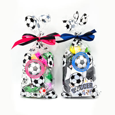 Pre-filled Children's Party Football Goody Bags With Sweets And Toys, Football Party Favours In Pink And Blue Colours.