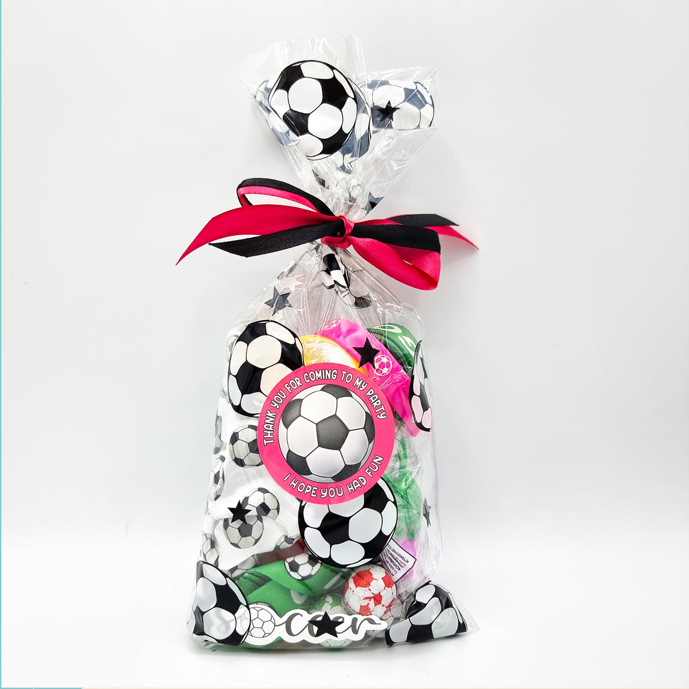 Pre-filled Children's Party Football Goody Bags With Sweets And Toys, Football Party Favours In Pink And Blue Colours.
