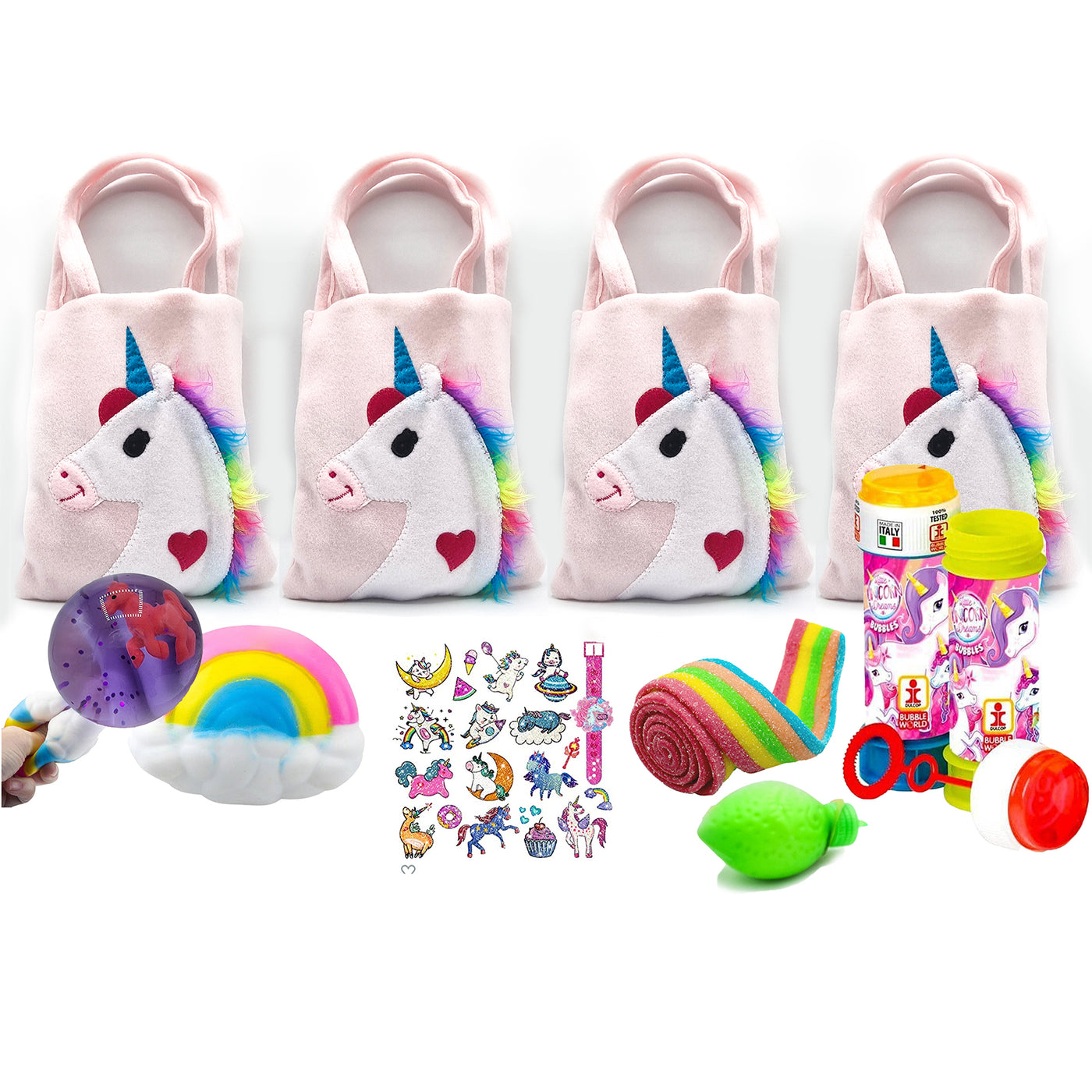 Pre Filled Rainbow Birthday Unicorn Party Goody Bags With Toys And Sweets.
