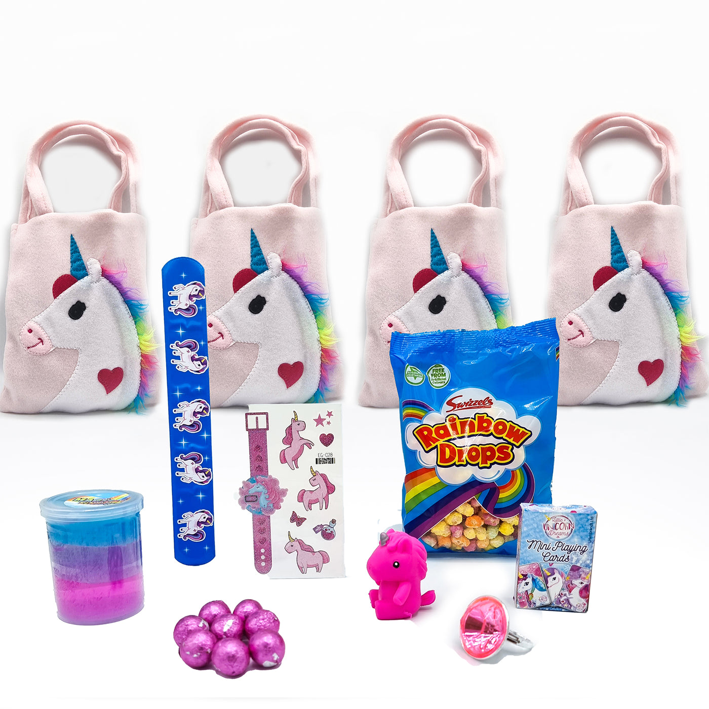 Pre Filled Rainbow Unicorn Party Bags With Toys And Sweets.