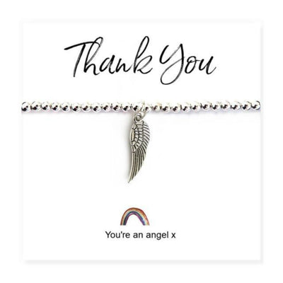 Angel Wing LGBT Transgender Silver Plated Bracelet On Rainbow 'Thank You' Message Card.